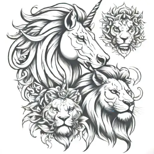 Greyscale Unicorn And Lion Head