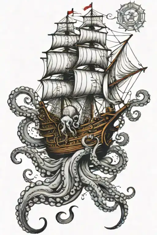 Octopus And Ship Sailing