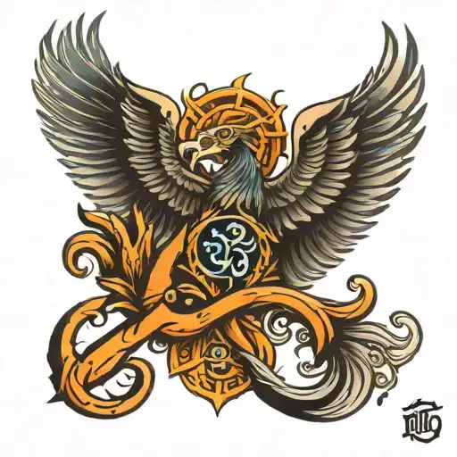 Phoenix Bird And Shivas Trident And Hindu Om Symbol