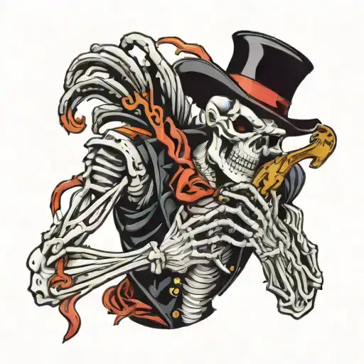 A Heavy Metal Style Skeleton Holding A Chicken Strip And Dr Pepper