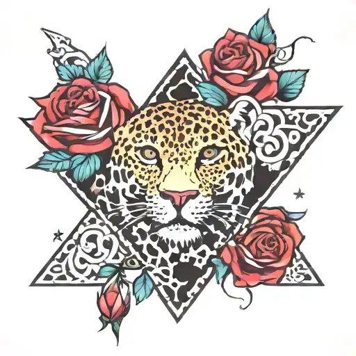 Red Roses On Side Of Stomach With Star Shapes And Leopard Print