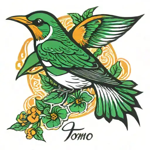 Swallow Bird Green White And Orange With Name Above Tomo
