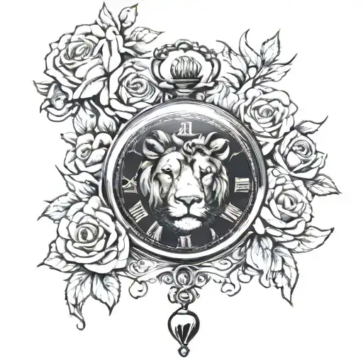 Pocket Watch Surrounded By Roses With A Lion Surrounded By An Angel