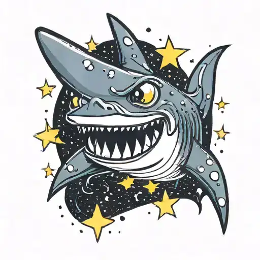 A Cute Cartoon Style Shark With A Semicolon Instead Of Eyes Infront Of A Black Sky With Stars