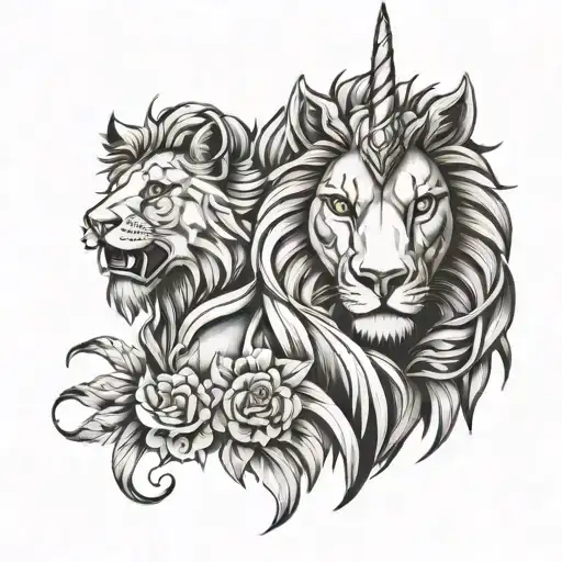 Greyscale Unicorn And Lion Head