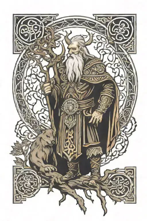 Odin Angry Looking Over Tree Of Life With Nordic Symbols