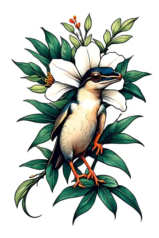 Realistic Flor De Maga With Coqui Perched On It Delicately Clean Solid Line Work