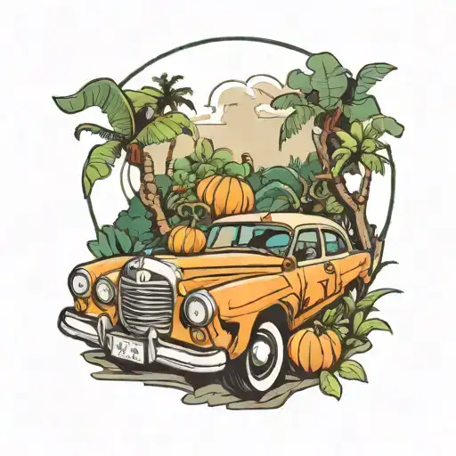 A Car In Jungle Road With Pumpkin Wheel