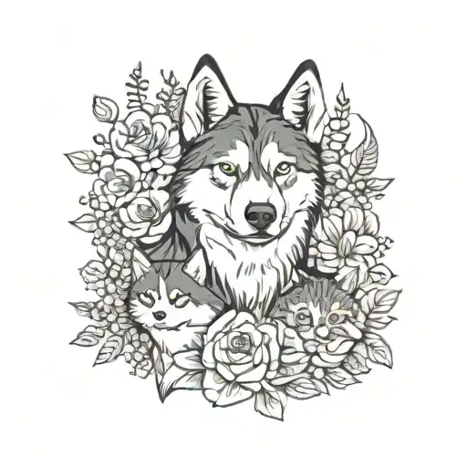 A Husky Dog And A Cat Together In A Floral Background