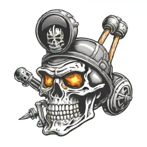 Black Tattoo Of An Evil Skull Wearing A Football Helmet With A Welding Wand In Its Mouth
