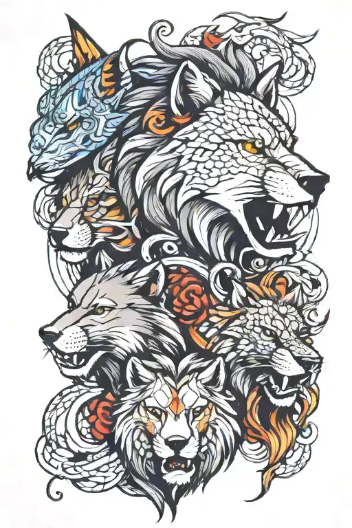 Wolf And Snake And Lion Face