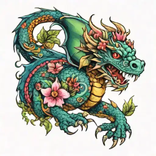 Colourful Pretty Small Dragon With Lots Of Tropical Flowers Surrounding