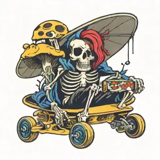Skeleton With Mushrooms And A Skateboard