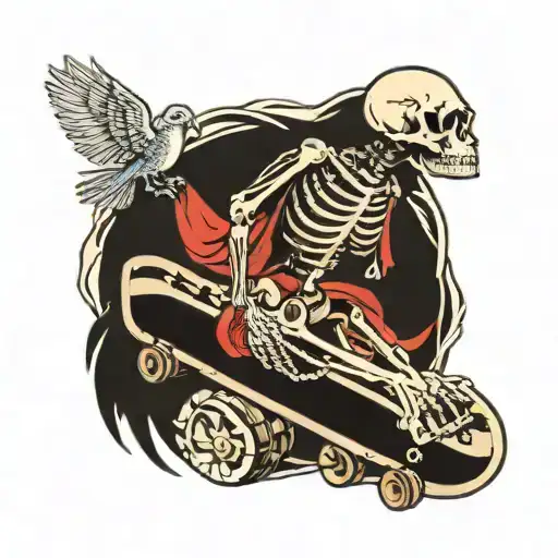Skeleton Holding A Dove And A Skateboard