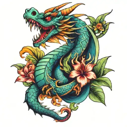 Colourful Pretty Dragon With Tropical Flowers Intertwined