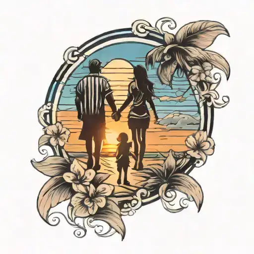 Beach Sunset With Family Holding Hands