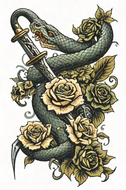 Snake Going Around A Sword With Flowers Growing