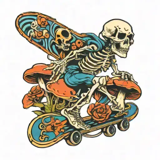 Skeleton With Skateboard And Mushroom