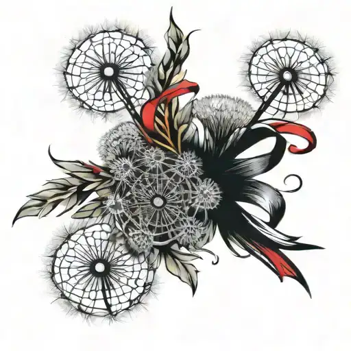 Bouquet Of Dandelions Wrapped In A Red And Black Ribbon