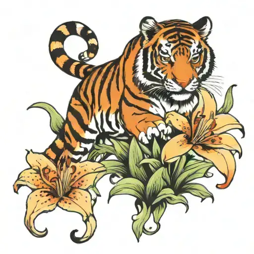 Tiger Claiming On Flower Lily