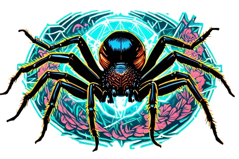 A Full Black Spider With A Neon Wire Frame