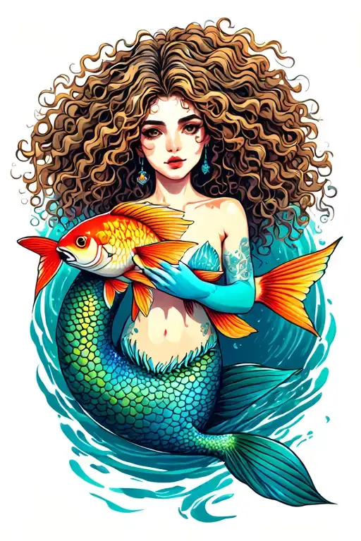 Mermaid With Curly Hair Tattoo Holding A Coy Fish Swimming