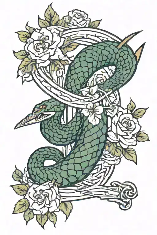 Viper Going Round A Sword With March Flowers Intertwined