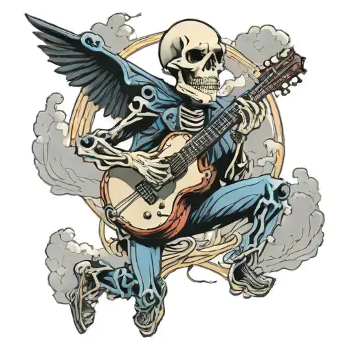 Skelelton Looking And Holding A Guitar Upwards To Sky