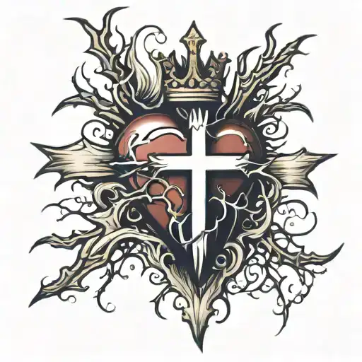 Live Heart With Cross Embedded With Thorns Around And Slanted Crown On Top