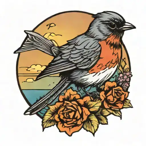 A Neotraditional Tattoo Of A Robin Holding A Guitar Pick On A Beach Sunset Backdrop