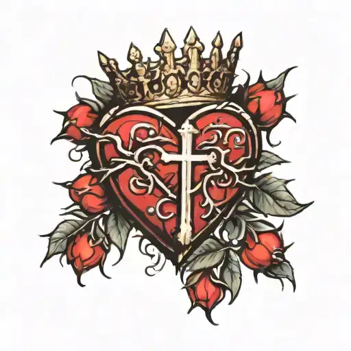 Beating Heart With Cross Embedded With Thorns Around And Crown On Top