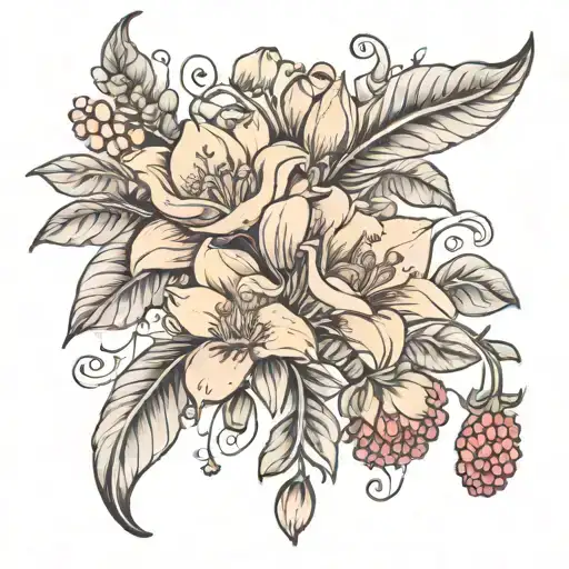 Freesia Flowers Raspberries Floating Feathers Hanging No Black Out Line Just Colour