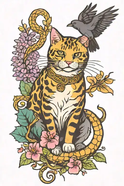 Cat And Crow And Snake With Wisteria