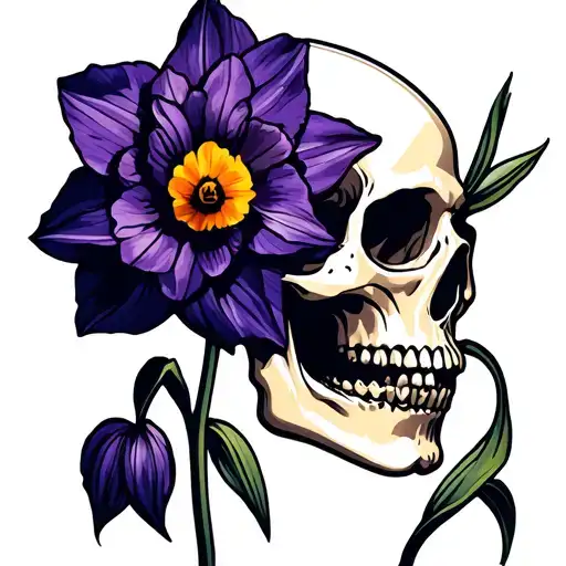Skull And Narcissus Flower