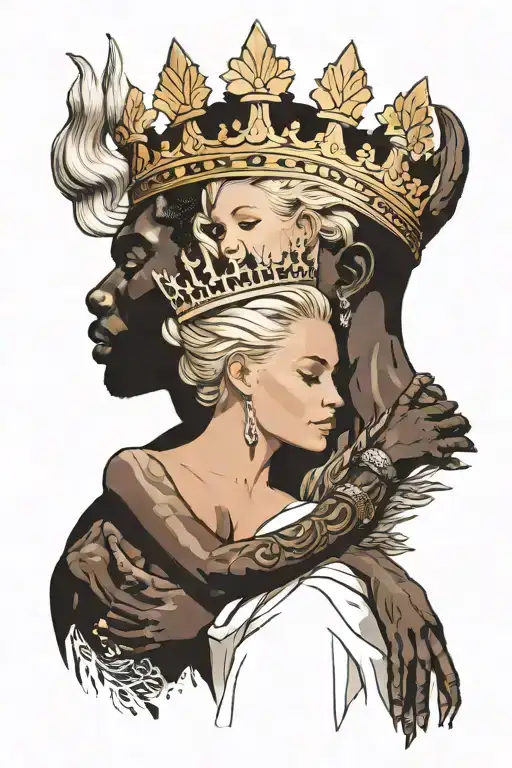 Bared White Blonde Girl Snuggles African King With Crown
