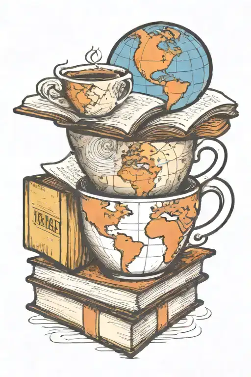 A Coffee Cup Morphing Into A Stack Of Books With A World Map In The Background