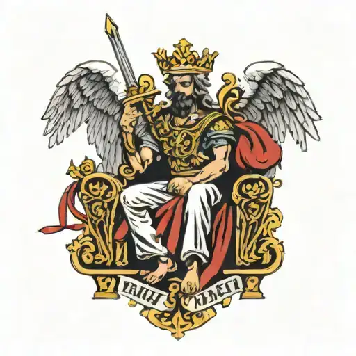 Angel Sitting On A Kings Throne Holding A Sword And Crown In The Other Hand