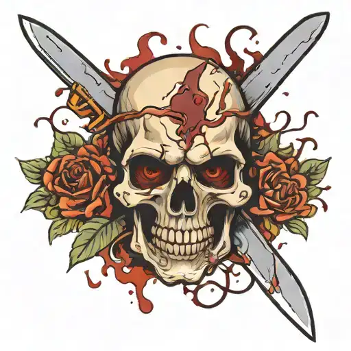 Skull With Knife Through It And Blood Coming From Eye Sockets