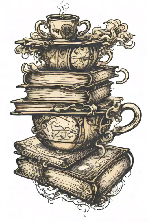A Coffee Cup Morphing Into A Stack Of Books With A World Map In The Background