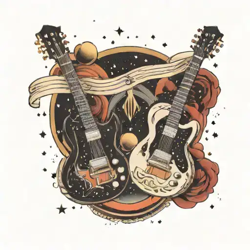 Two Electric Guitars With Roman Numerals On The Fretboard With A Universe Background