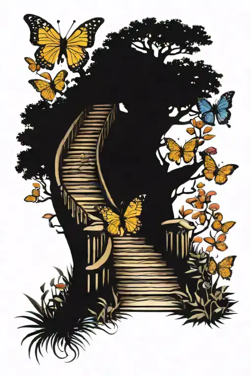 Stairway Of Books With Tree Of Life And Butterflies