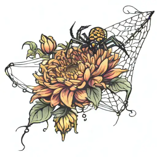 Spider Dangaling From A Web With Chrysanthemums Flower