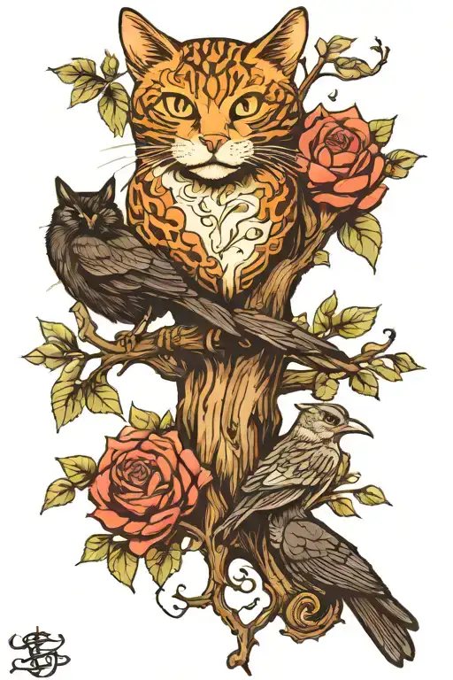 Cat And Crow And Snake On Tree Of Life