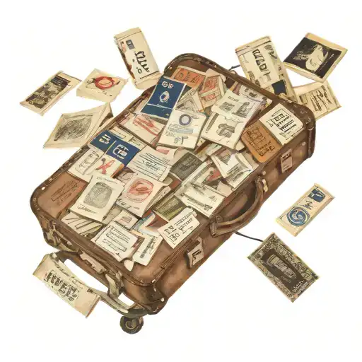 A Vintage Suitcase Covered In Travel Stamps And Books Spilling Out Of It