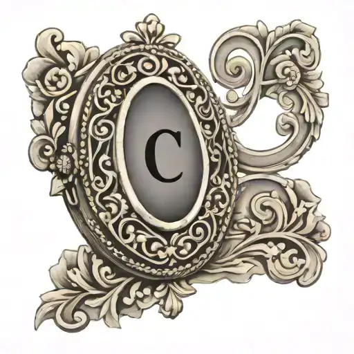 Oval Locket With The Letter C Surrounded By Filagree Shaded Black And Grey