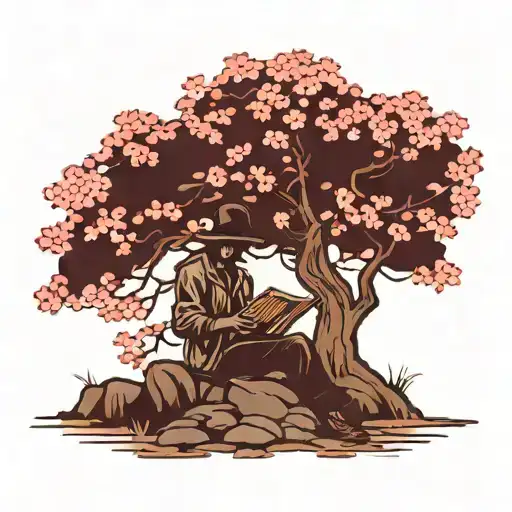 A Silhouette Of A Traveler Reading A Book Under A Cherry Blossom Tree In Japan