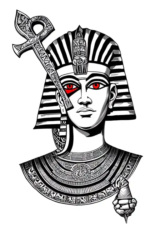 Forward Facing Black And White King Tut With One Eye Replaced With A Red Eye Of Rah Holding An Ankh