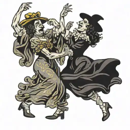 White Creepy People Dancing On Black Background In Late Francisco De Goya Style