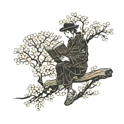 A Silhouette Of A Traveler Reading A Book Under A Cherry Blossom Tree In Japan