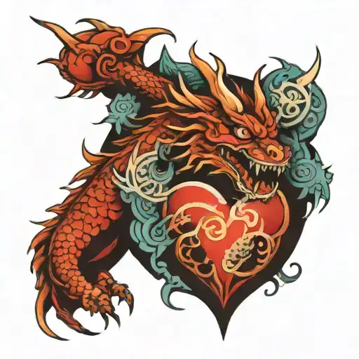 Japanese Dragon With Anatomical Heart And Solar Circular Rays At Each End